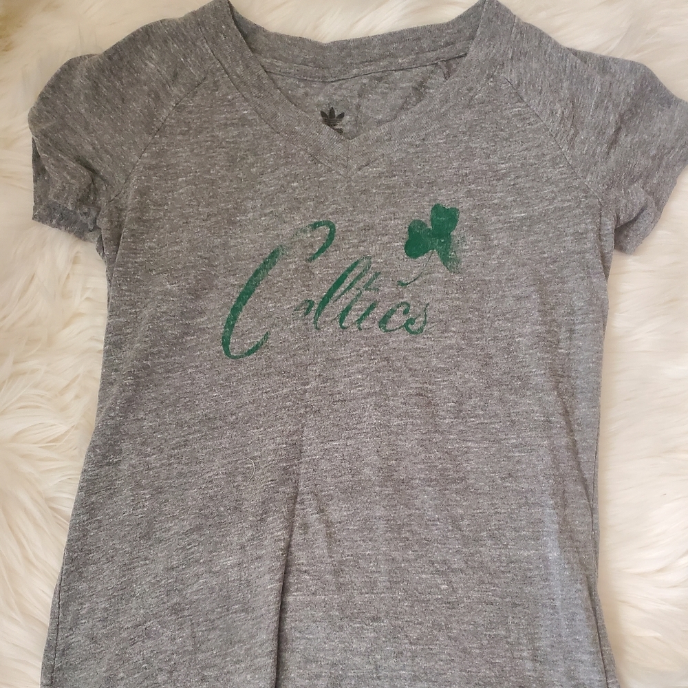 Adidas Celtics Heather Grey T Shirt with Vintage Green Lettering and Design